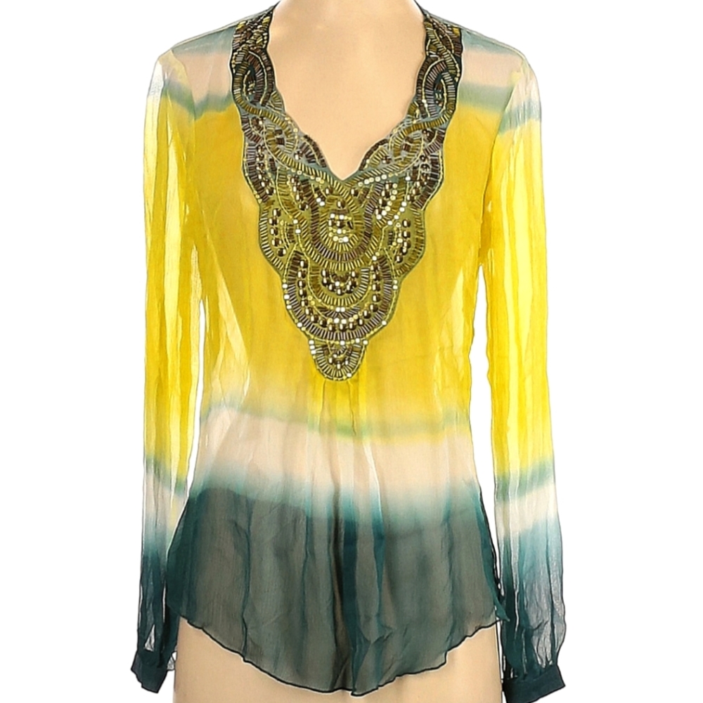 Y2k Beaded Sheer Silk Tunic Top XS - Hale Bob Paint Dip Ombre